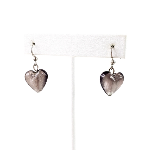 Vintage Jewelry - Artisan Glass Heart Earrings Gray Art Glass Hearts